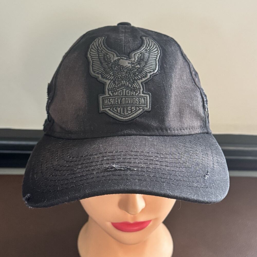 Harley Davidson Hat Fitted S-M New Era 39Thirty Black Distressed Oil Eagle Men